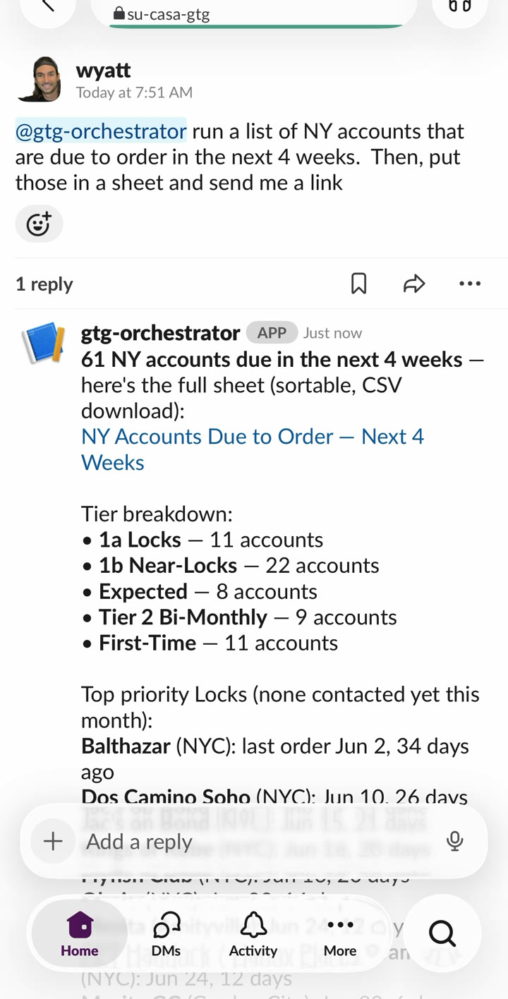 Slack thread on a phone: a plain-English request and the bot's reply with a tier breakdown