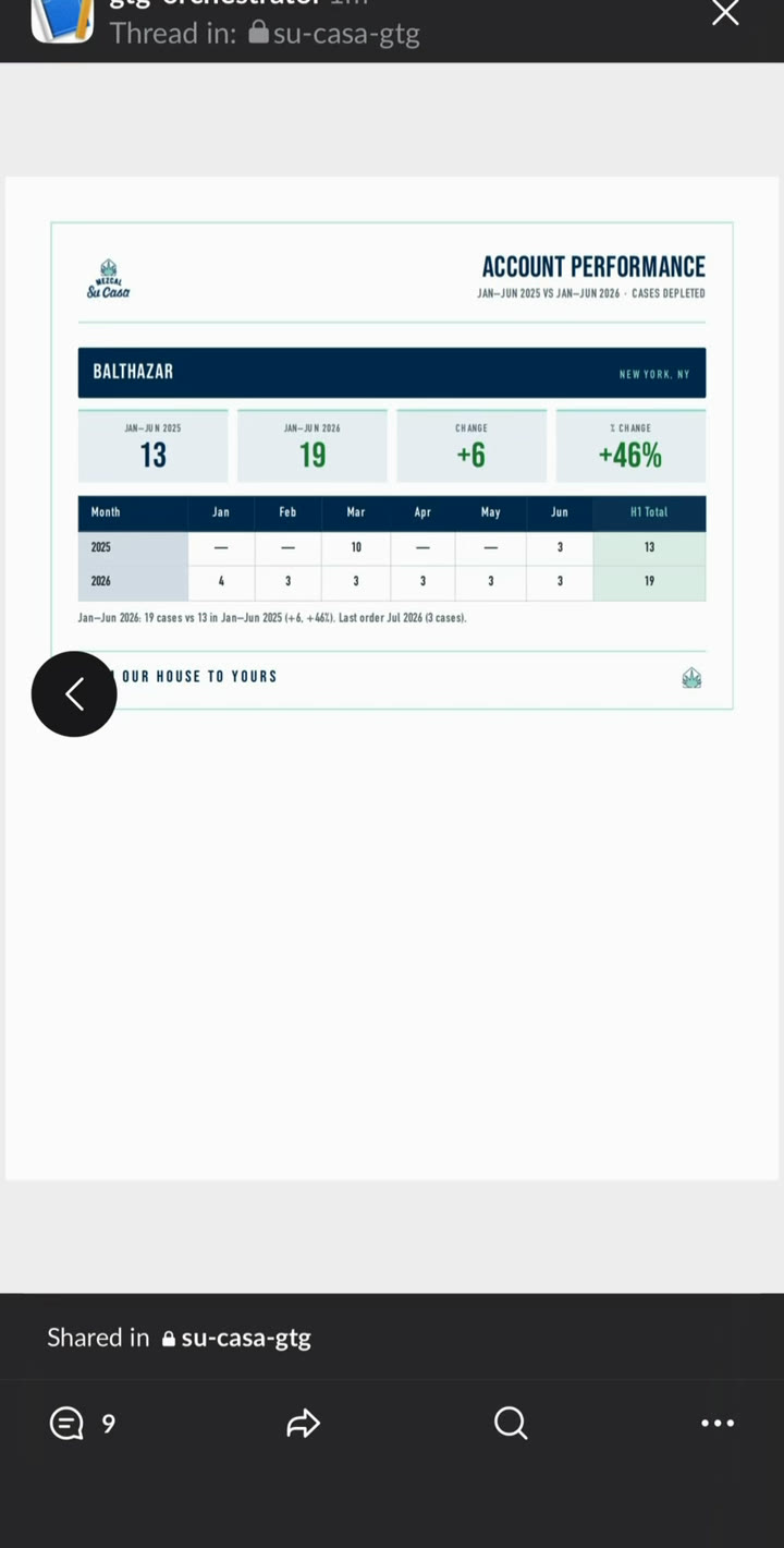 Branded account-performance PDF opened in Slack on a phone