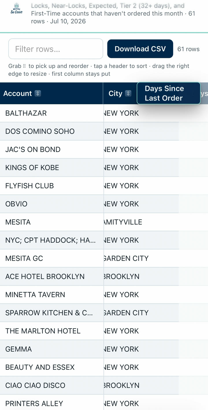 Sortable accounts sheet on a phone: filter, sort by column, download CSV